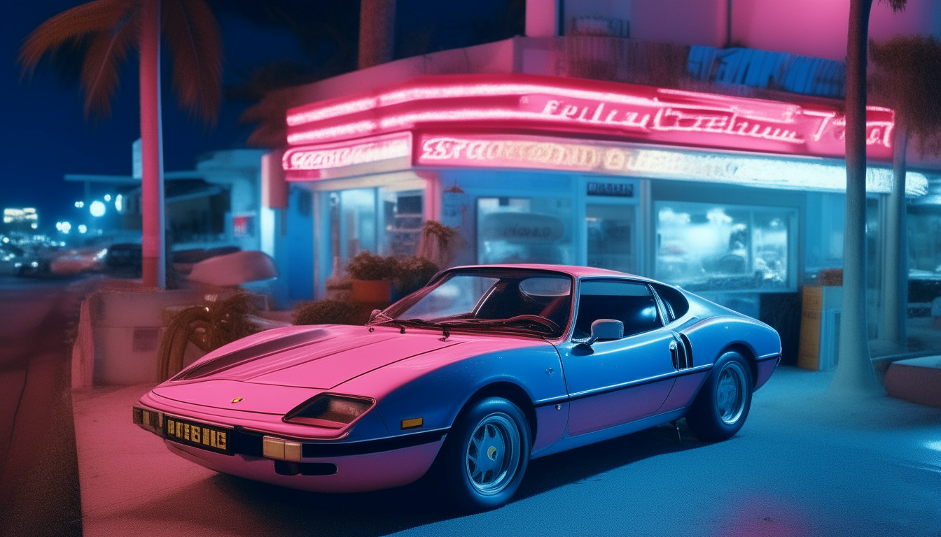 Ferrari Testossa parked in front of a coffee shop at night in Miami Beach in the 1980s. The establishment has blue and pink neon signs.