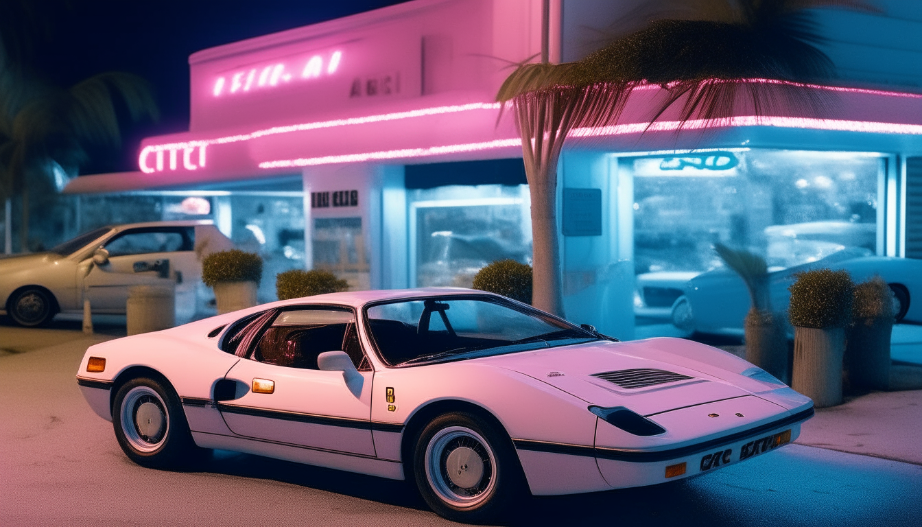 Ferrari Testossa white color parked in front of a coffee shop at night in Miami Beach in the 1980s. The establishment has blue and pink neon signs.