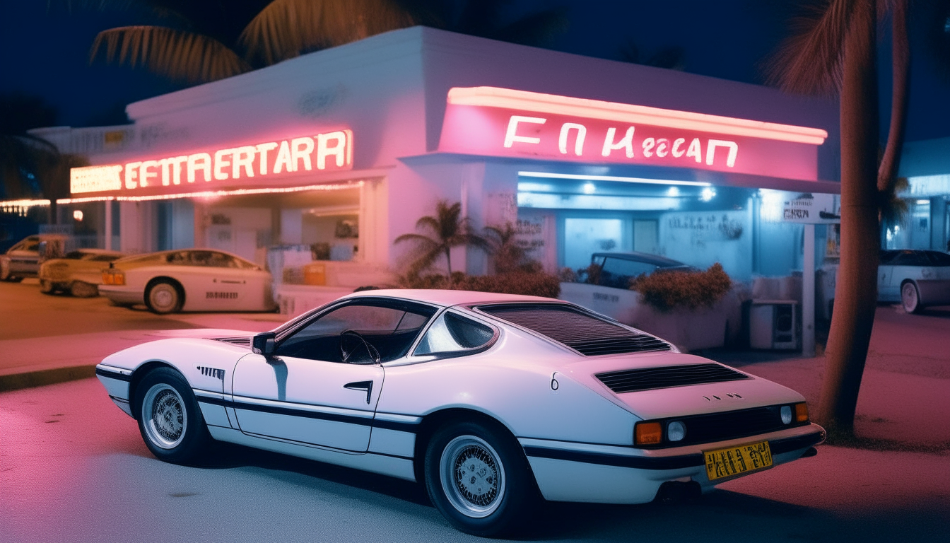 Ferrari Testossa white color parked in front of a coffee shop at night in Miami Beach in the 1980s. The establishment has blue and pink neon signs.