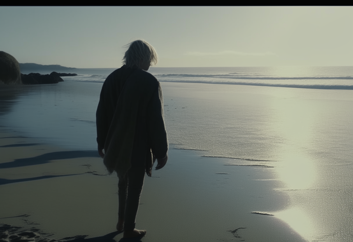 midshot of kurt cobain walking towards sea