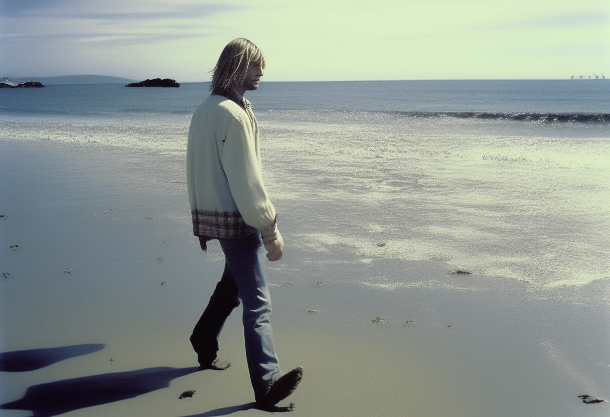 midshot of kurt cobain walking towards sea