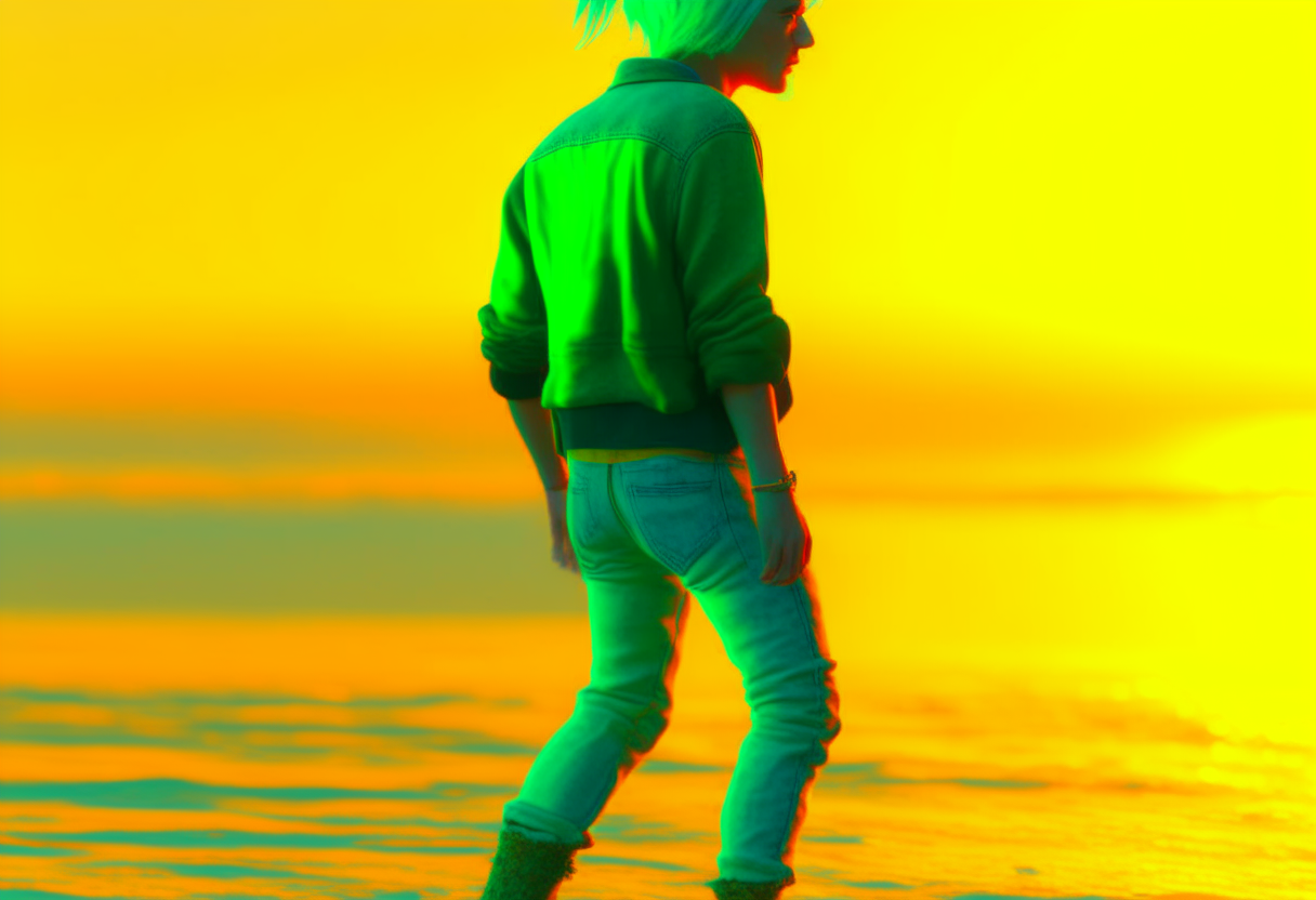 midshot of kurt cobain with green hair walking towards sea while sunset
