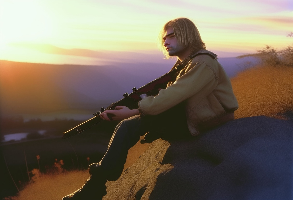 kurt cobain walikng on a cliff with a shotgun while sunrise 