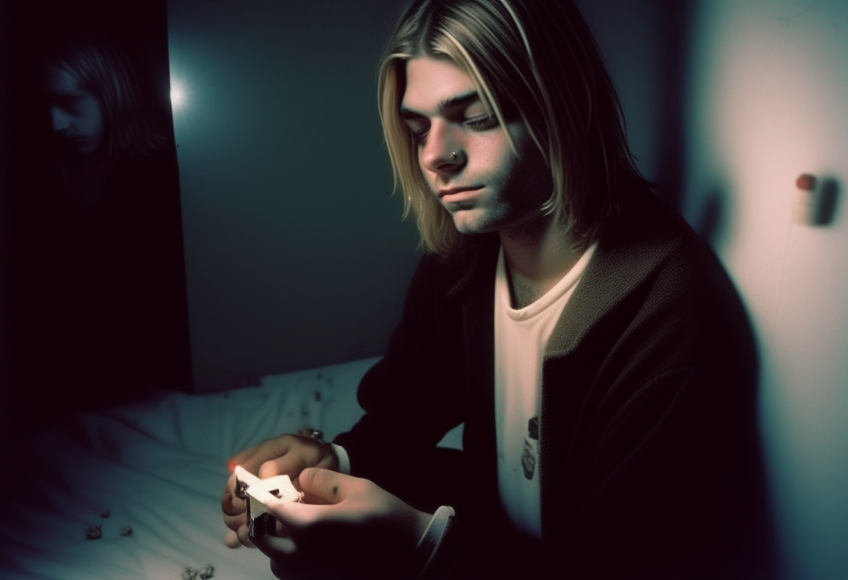 kurt cobain in a dark room; shotgun in one hand; injection in other hand; a candle in corner of the room