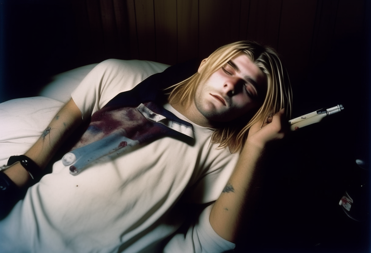 kurt cobain lying down in a dark room; shotgun in left hand; injection in right hand