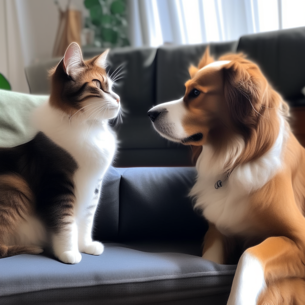 a cat and a dog sitting together on a couch looking at each other