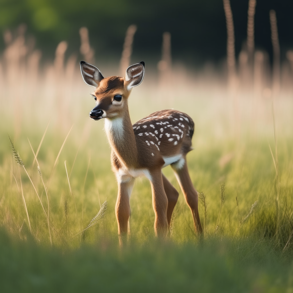 a baby deer standing in a grassy field