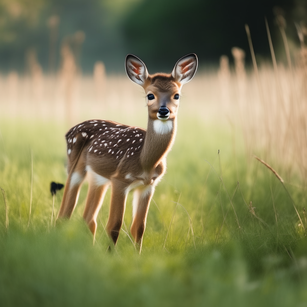 a baby deer standing in a grassy field