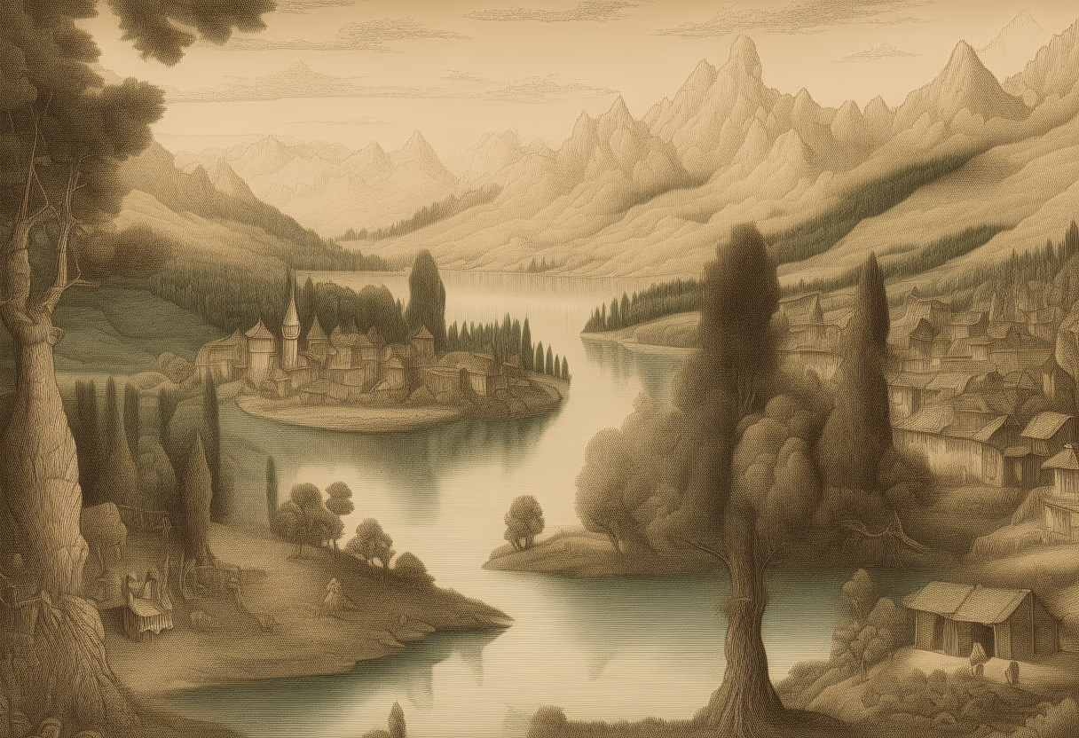 A beautiful scenic landscape with trees, mountains, a lake, and a village, in the intricate artistic style of Leonardo da Vinci