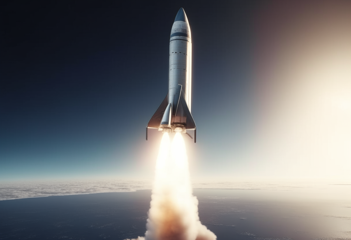 A large rocket ship flying back to Earth in the sky, rendered realistically