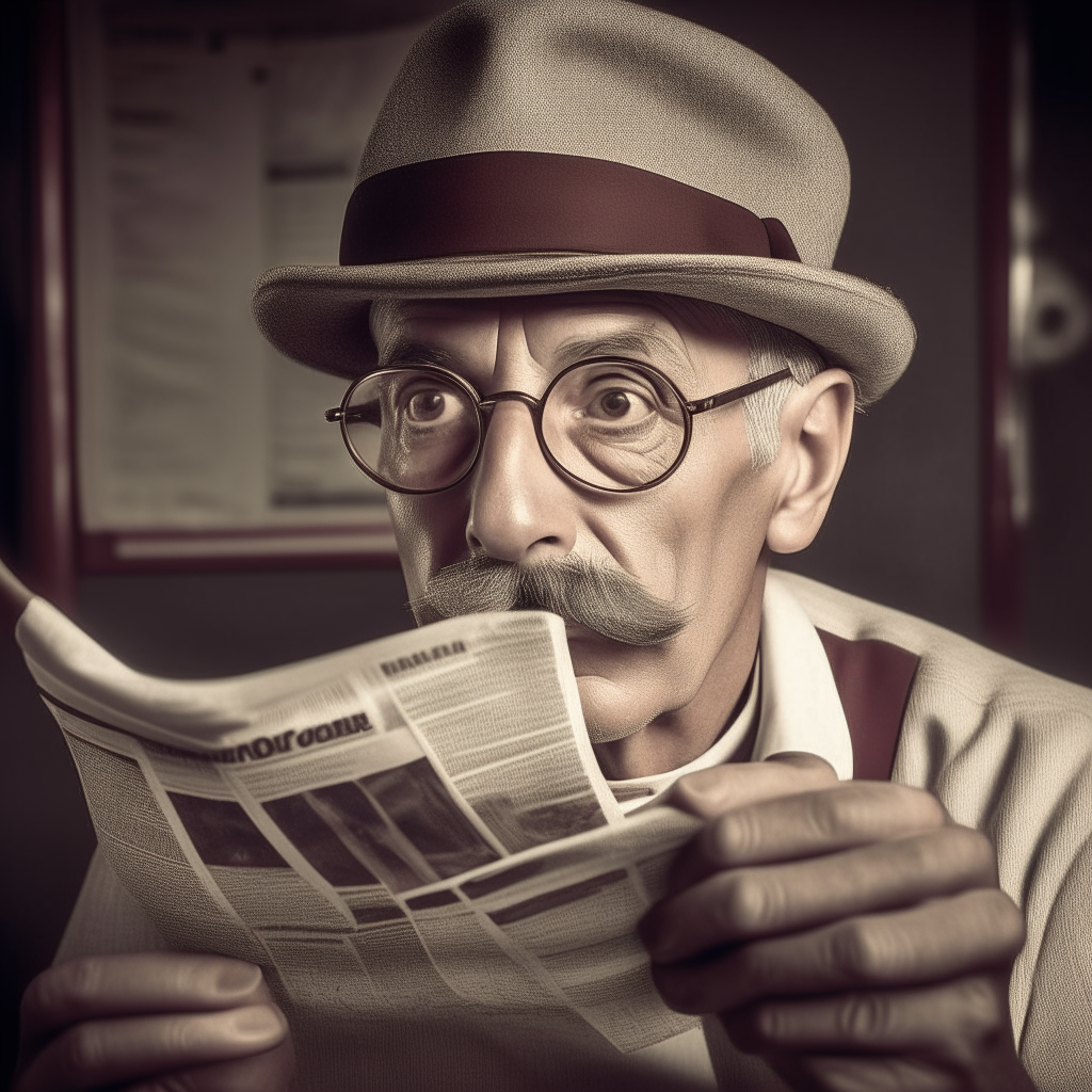 Robert tll man with a cigar in the mouth reading newspaper wrinkle staring at the camera