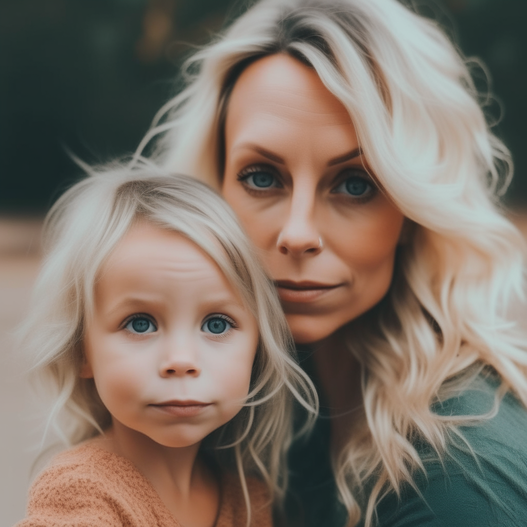 lady blonde hair holding kid staring into camera