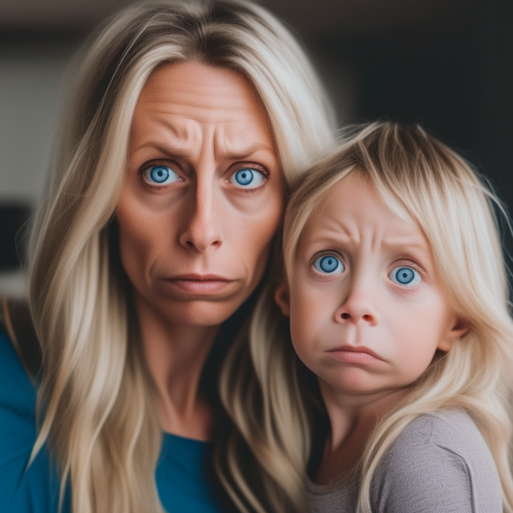 lady blonde hair holding kid staring into camera she has wrinkles long hair blue eyes looks concerned