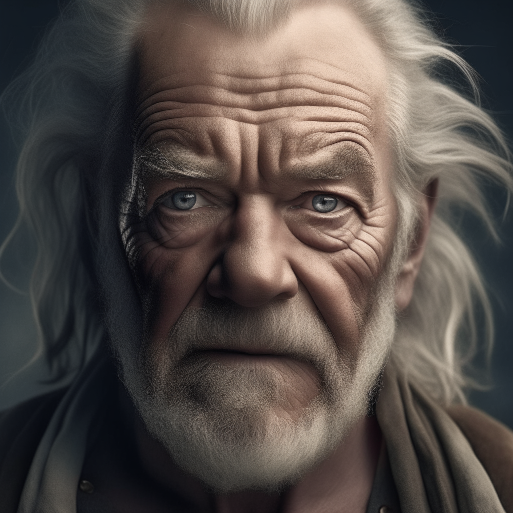 old Man looking like thor staring at the camera detailed wrinkles 
