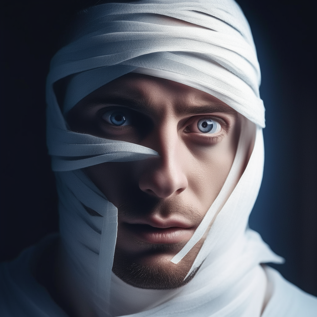 man wrapped in bandage visible face light bue eyes