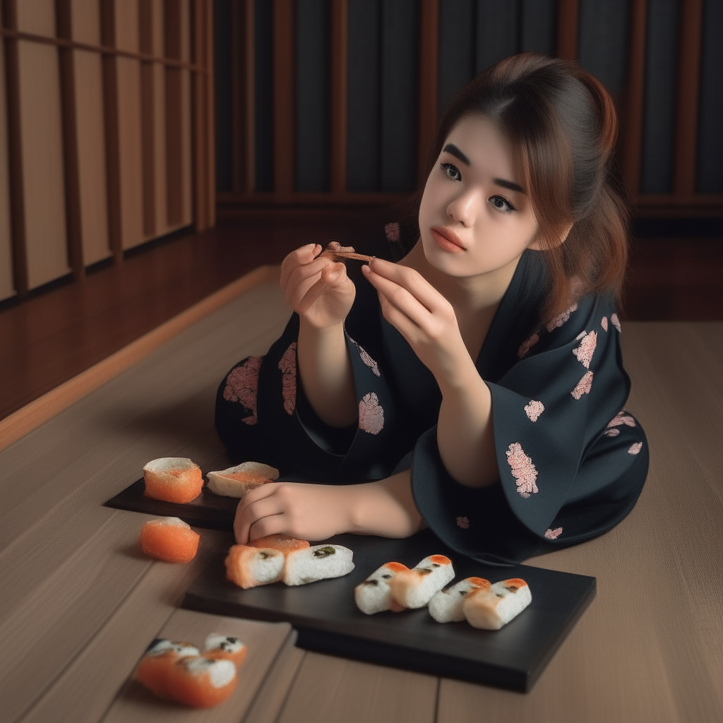 A young beauty girls eating maki  at the floor