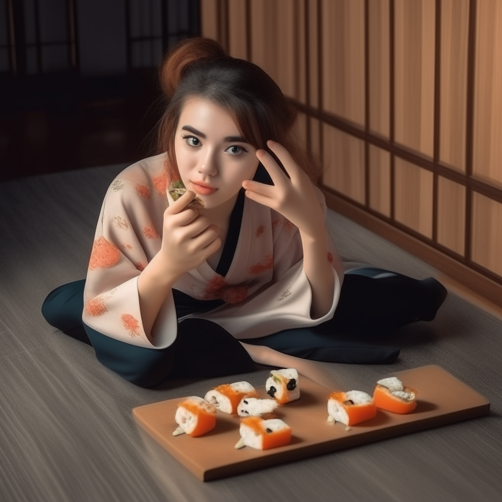 A young beauty girls eating maki  at the floor