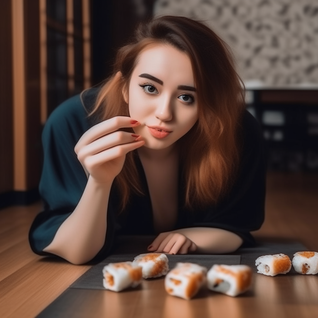 A young beauty european girls eating maki  at the floor 