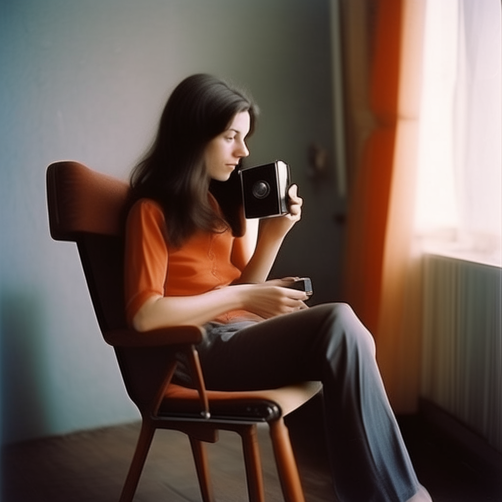 Analog camera. Woman sitting on a chair masturbating