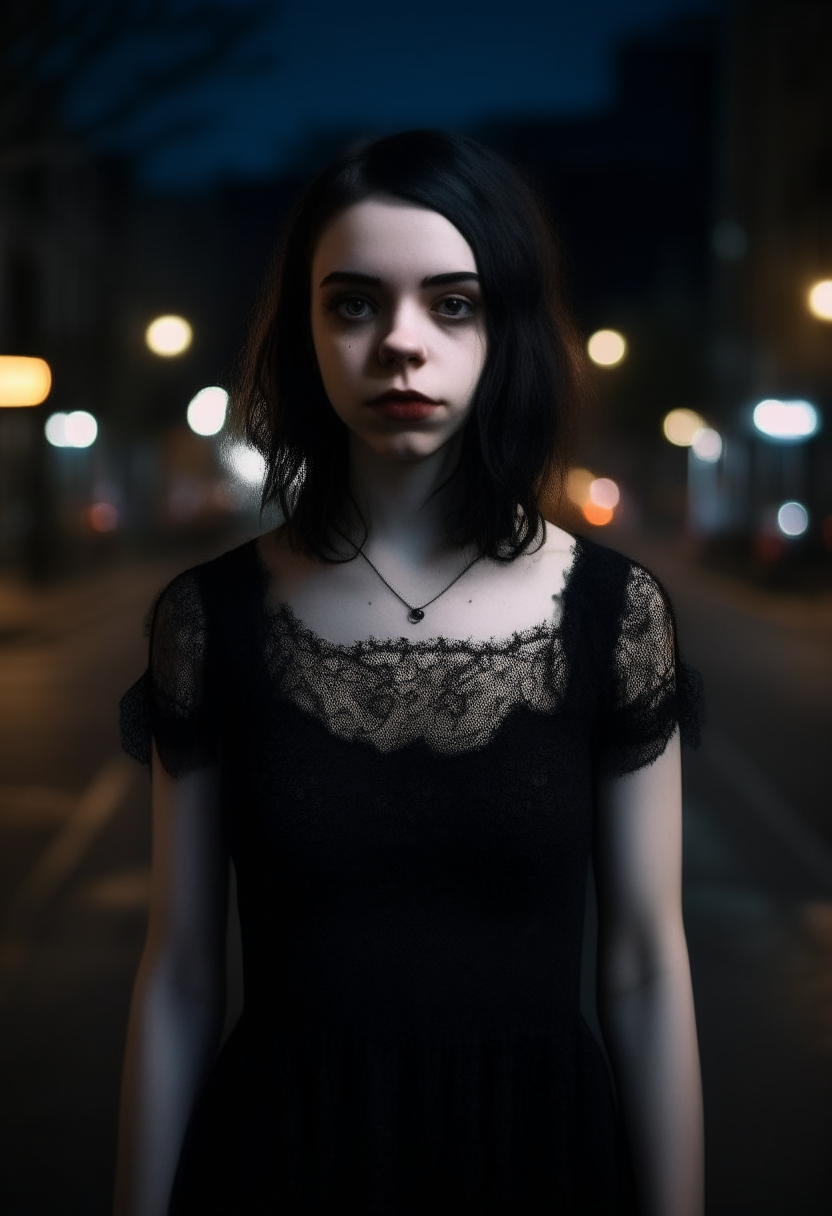 Front facing portrait of a gothic young girl with pale skin and dark hair, wearing a short black lace dress, standing on a dark city street at night