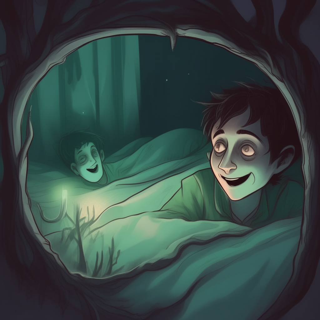boy with dark circles under his eyes, smiling while he lies in bed at night. In the mirror, a ghostly dryad is seen