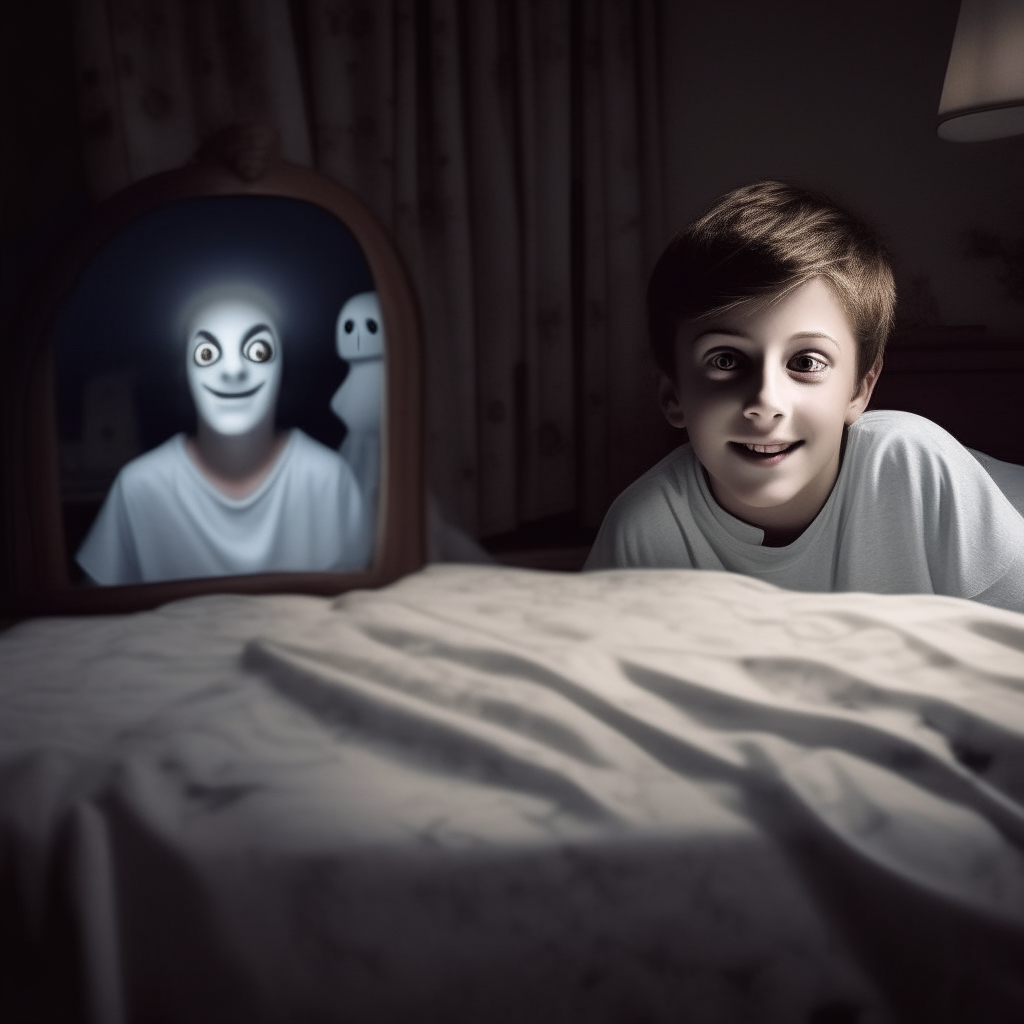 sickly young boy with dark circles under his eyes, smiling as he lies in bed. In the mirror next to his bed, a ghost of a woman is standing