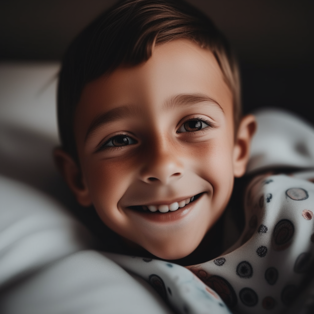 sickly young boy with dark circles under his eyes, smiling as he lies in bed.