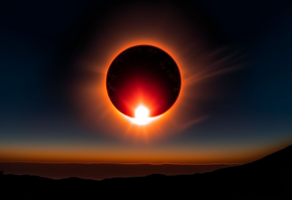 a stunning photograph of a rare ring of fire solar eclipse with the sun peeking out from behind the moon, creating a bright ring around the moon's silhouette, fiery red and orange tones in the sky