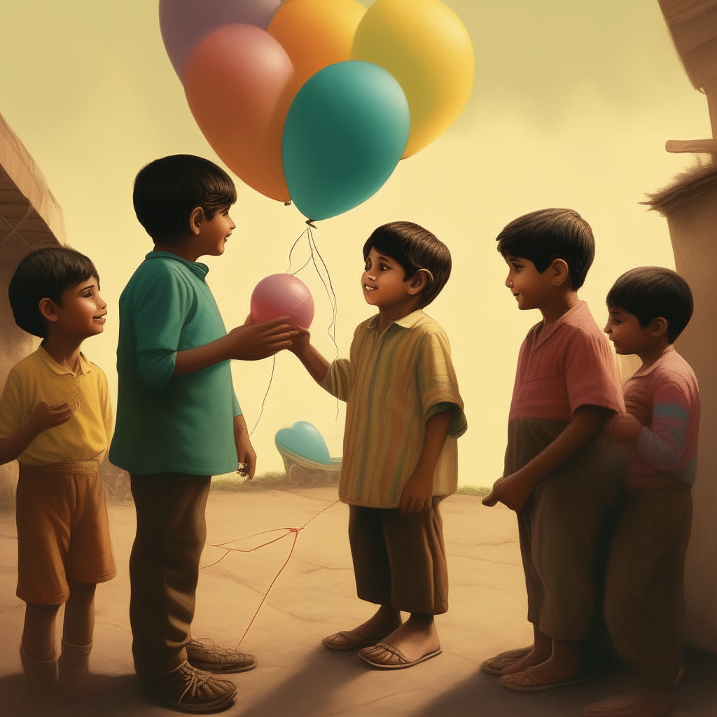 A child selling balloons to two children who are with their parents. The scene is from pakistan so make the the colors and themes according to that. A child who is selling the balloon is not well dressed as other two and he is not that happy and sad inside while the other two are happy. The theme is vintage and color should be like golden hour
