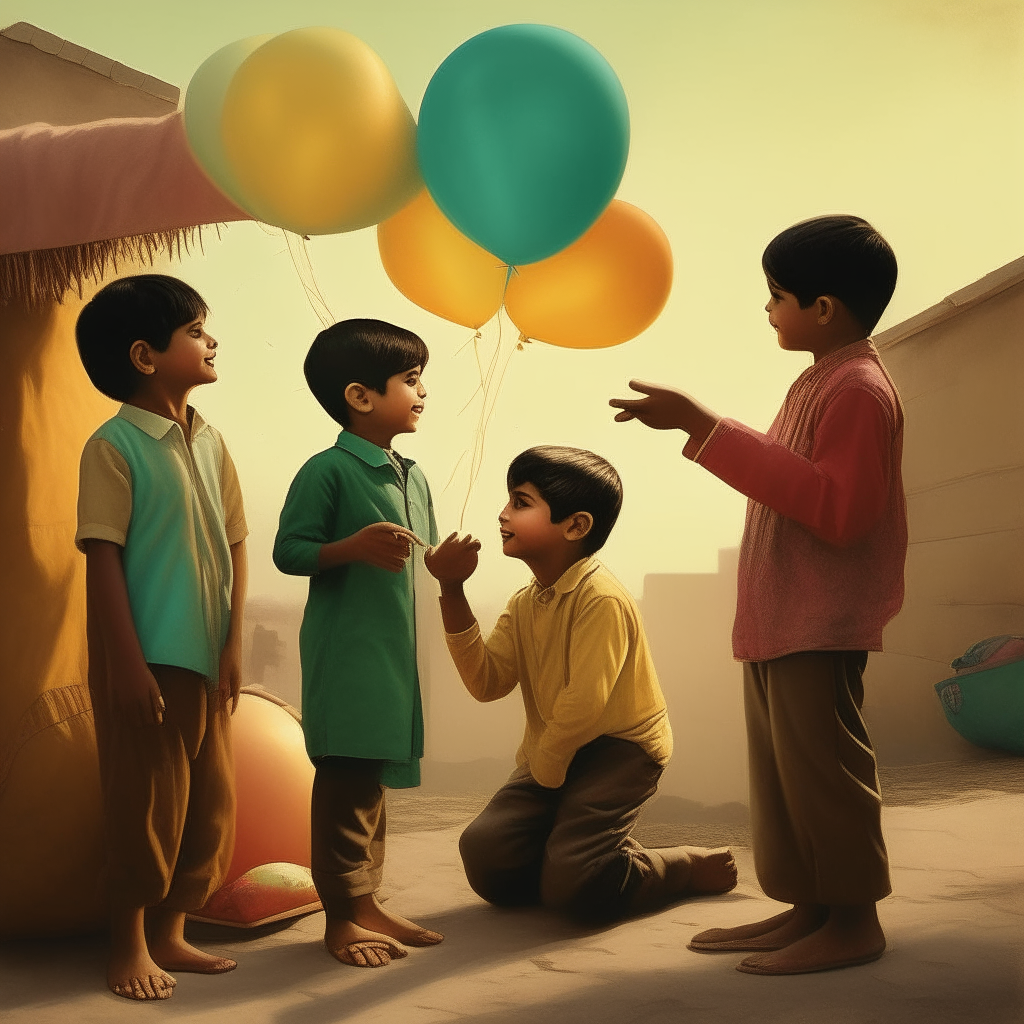 A child selling balloons to two children who are with their parents. The scene is from pakistan so make the the colors and themes according to that. A child who is selling the balloon is not well dressed as other two and he is not that happy and sad inside while the other two are happy. The theme is vintage and color should be like golden hour. There are only 3 characters, one is a child who is selling the balloon, the other two are a father and his child of same age as the balloon seller child
