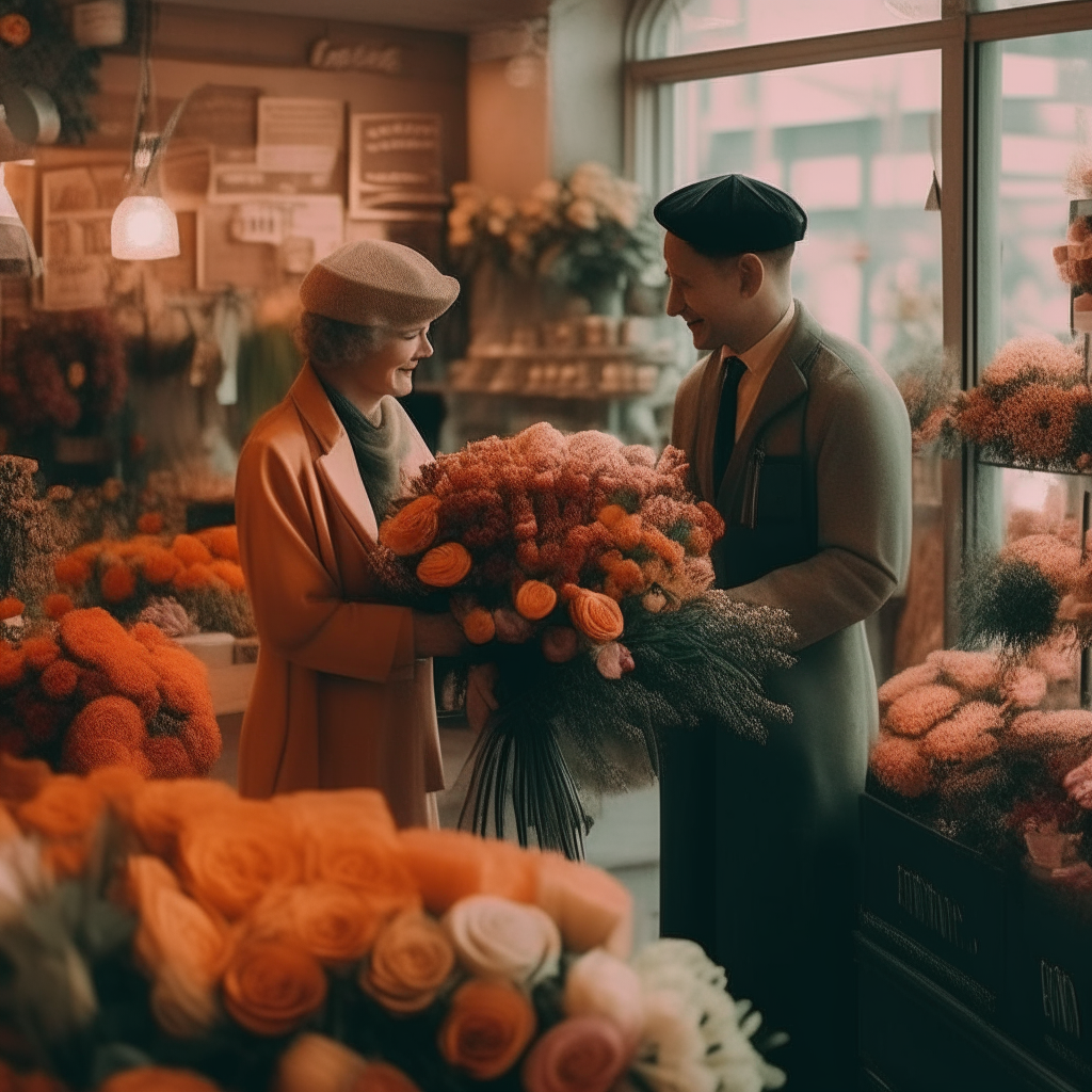 women buying flowers from a florist. He has a nice shop with different kind of flowers, bouquets, etc. The theme is vintage with a color theme of like sunset or evening. Both are well dressed but not formal. 