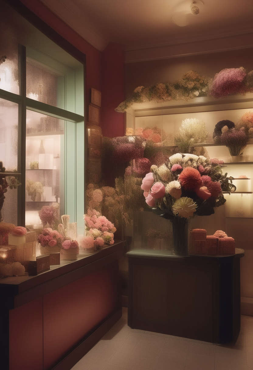 Capture the Essence of Time: Frame a scene that juxtaposes the timeless charm of a vintage flower shop with the sleek modernity of its contemporary counterpart. Highlight the contrast in aesthetics, decor, and ambiance, showcasing the harmony or divergence between nostalgia and innovation in the world of floristry." Color should be like sunset with a touch of pink and include a man also who is reading a book 
