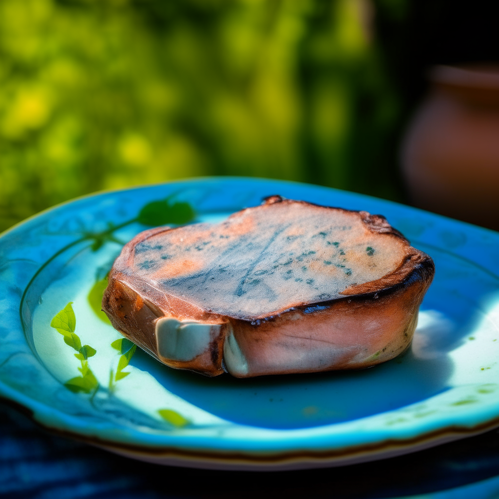 Garlic and herb marinated pork chops made in an air fryer oven, extremely sharp focus, photographed outdoors in dappled sunlight filtered through trees, served on a vintage blue ceramic plate