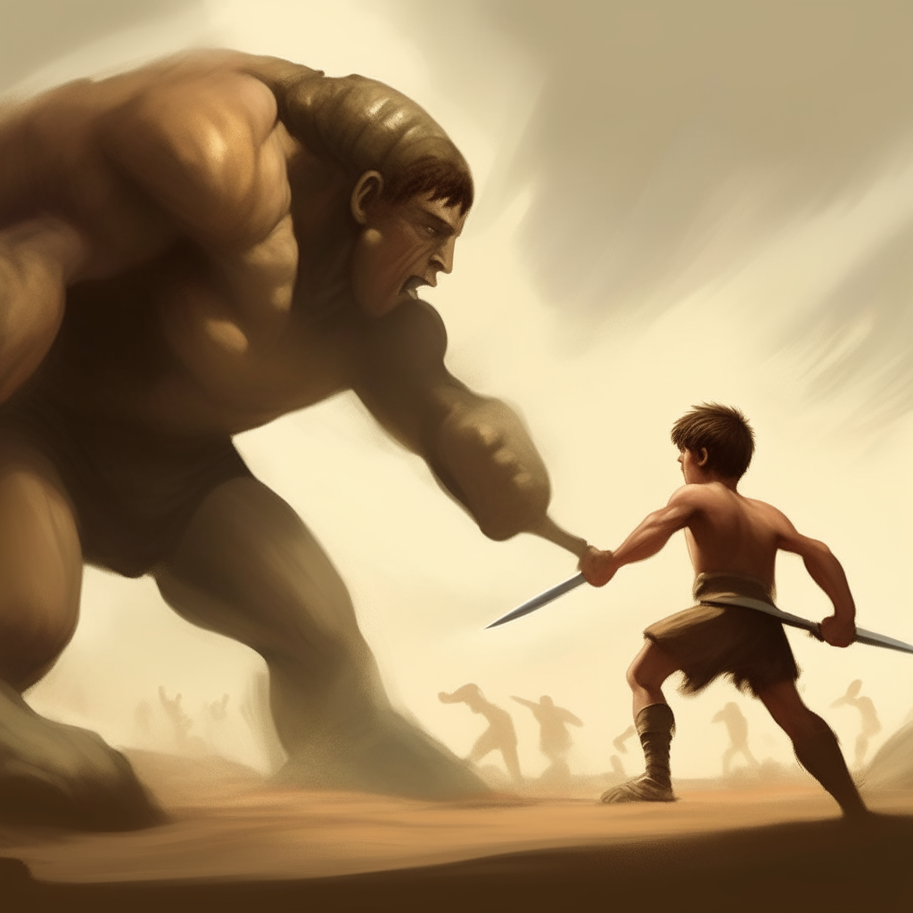 a young boy fighting against a giant like David against Goliath