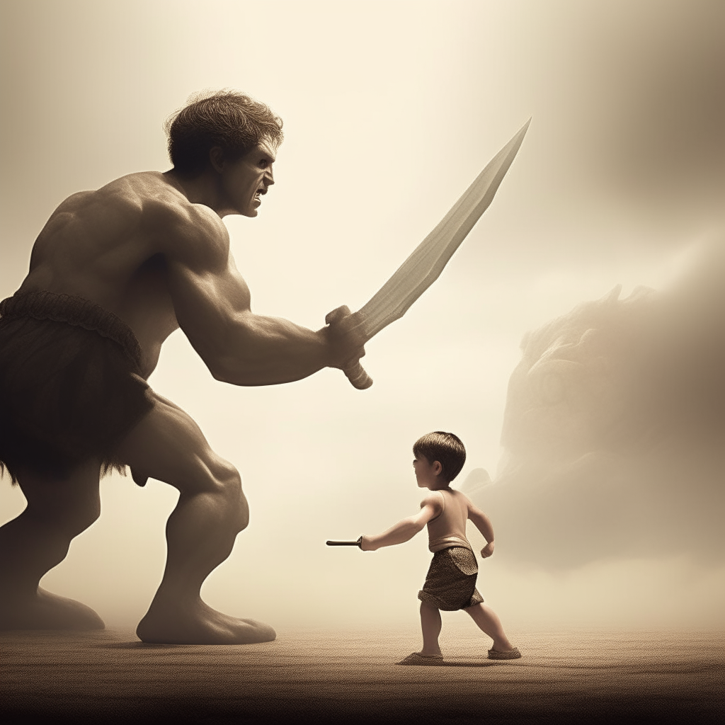 a video of a young boy fighting against a giant like David against Goliath