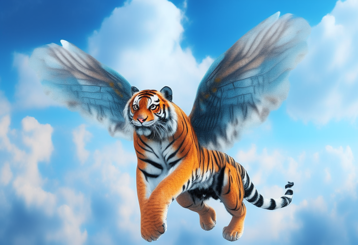 A majestic tiger with wings flying through a blue sky