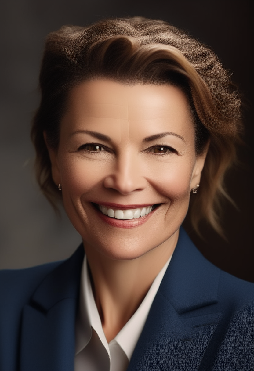 A professional headshot portrait of an attractive, charismatic female president smiling warmly