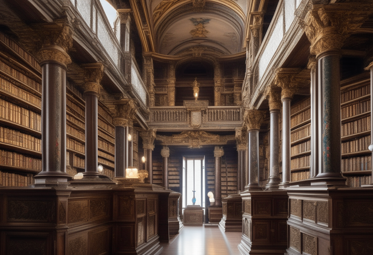 The grand interior of an ornate old library with tall shelves full of books, marble columns, and intricate woodwork