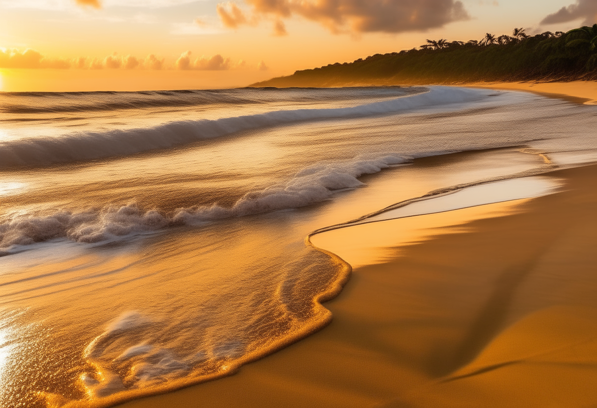 A tropical beach at sunset with golden light reflecting off the ocean waves lapping the shore