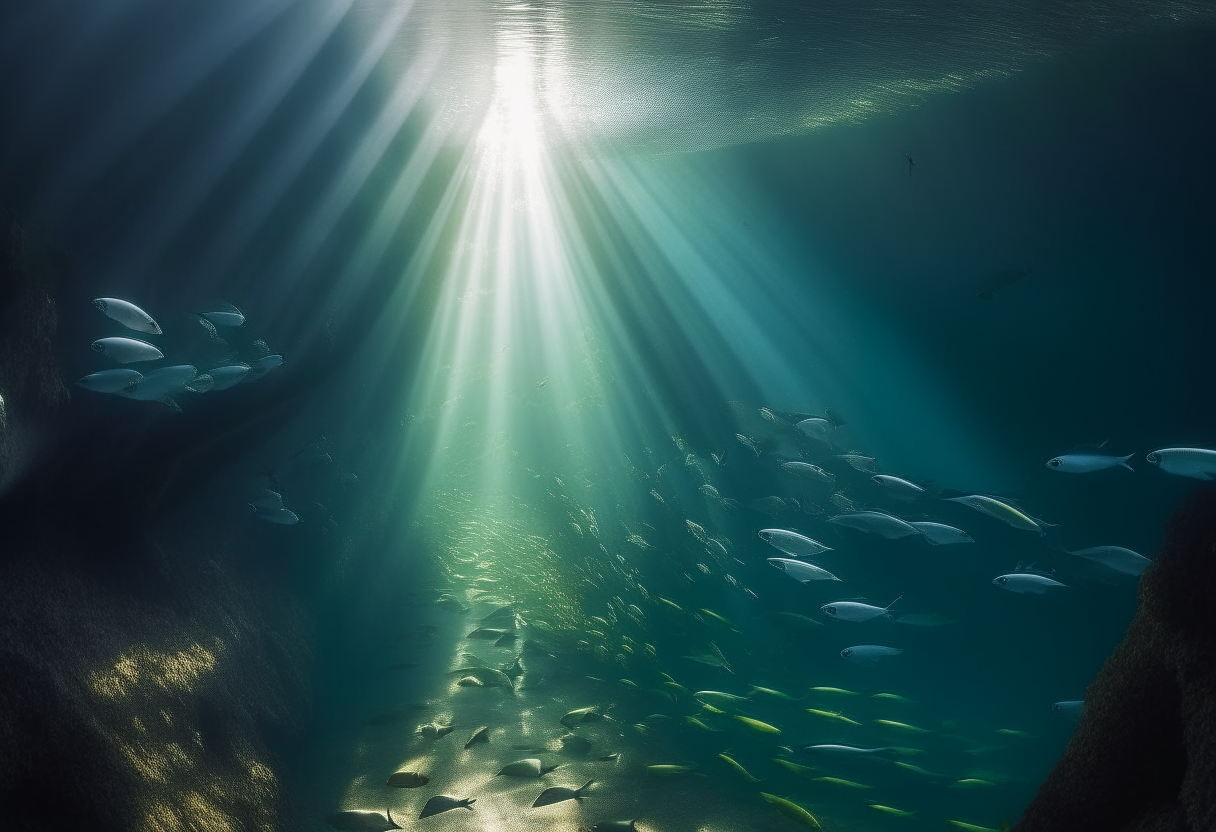 An underwater tunnel with light streaming through as a school of fish swims by