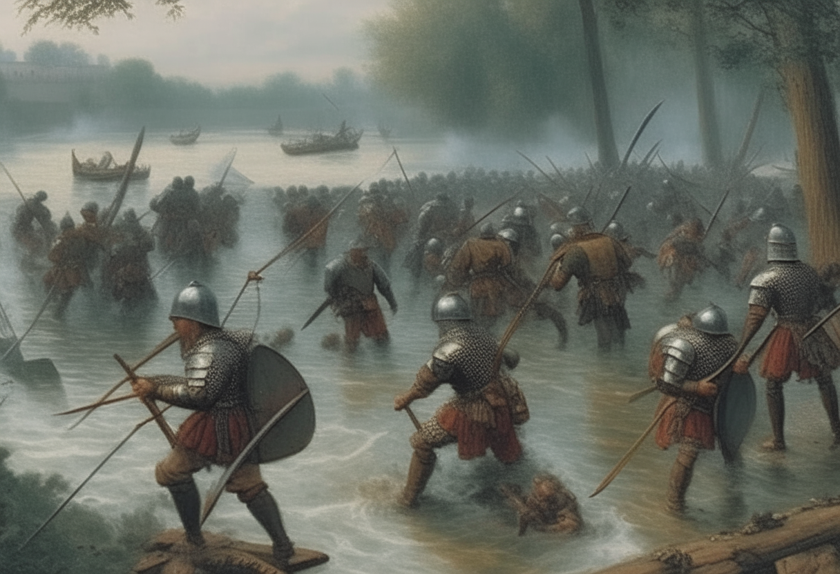 16th century soldiers try to save a soldier in armor drowning into the river, battle scene all around, vegetation, trees, boats, fireguns