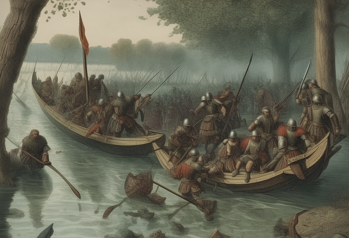 16th century soldiers on a boat try to save a soldier in armor drowning into the river, battle scene all around, vegetation, trees, boats, fireguns, seen from a boat