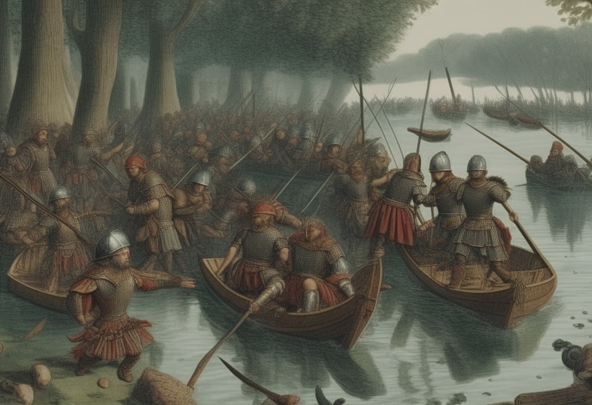 16th century soldiers on a boat try to save a soldier in armor drowning into the river, battle scene all around, vegetation, trees, boats, fireguns, seen from a boat