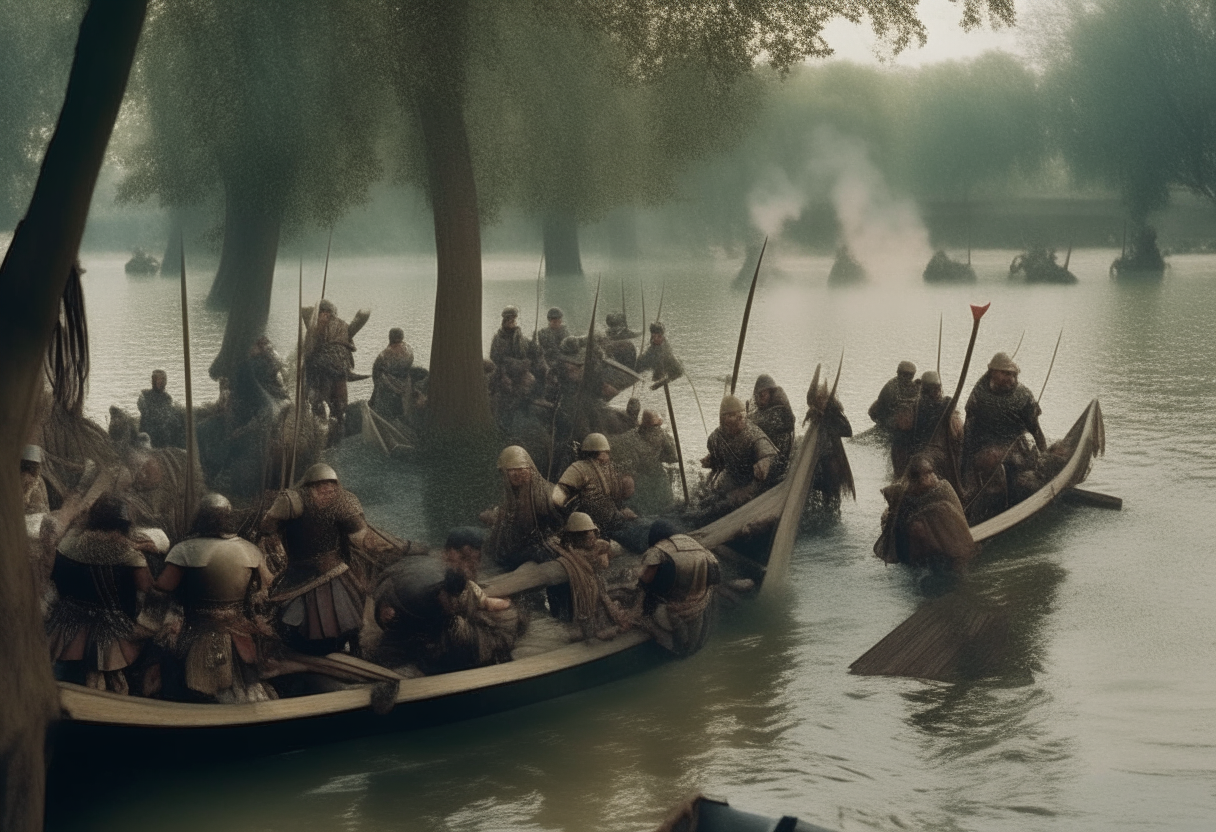 16th century soldiers on a boat aim to save a soldier in armor sinking into the river, battle scene all around, vegetation, trees, boats, fireguns, seen from a boat