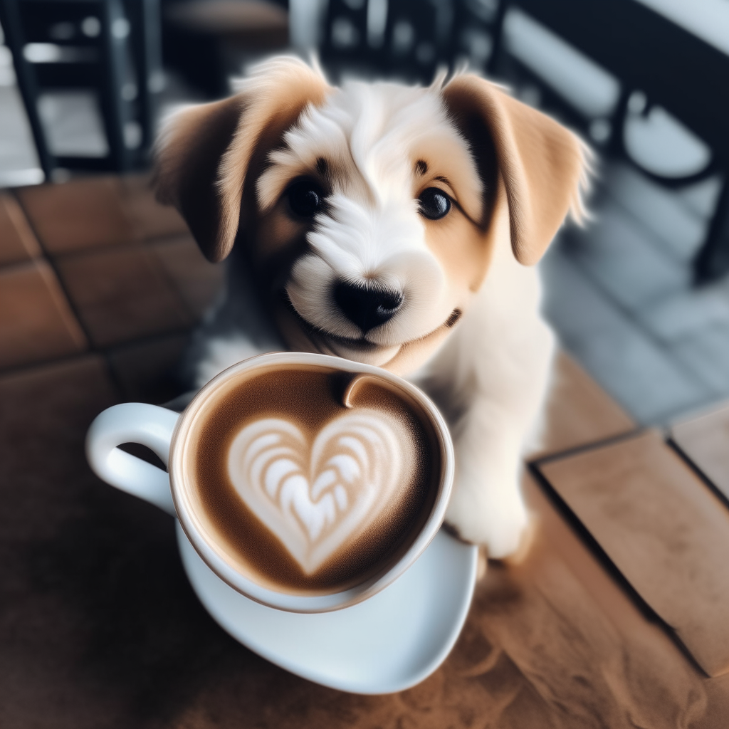 a happy puppy drinking a latte with heart-shaped foam art