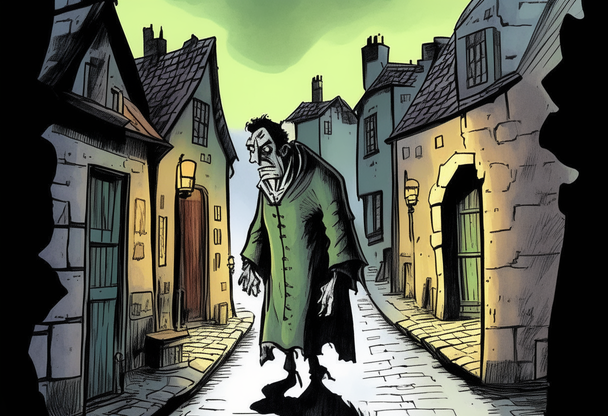 Frankenstein's monster walking through a medieval village at night, ink and watercolor comic book illustration