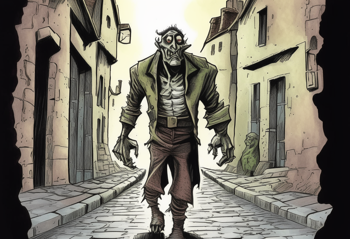 A tall, lumbering Frankenstein's monster with bolts in its neck, walking down a dark cobblestone street in a medieval Gothic village, ink and watercolor comic book illustration