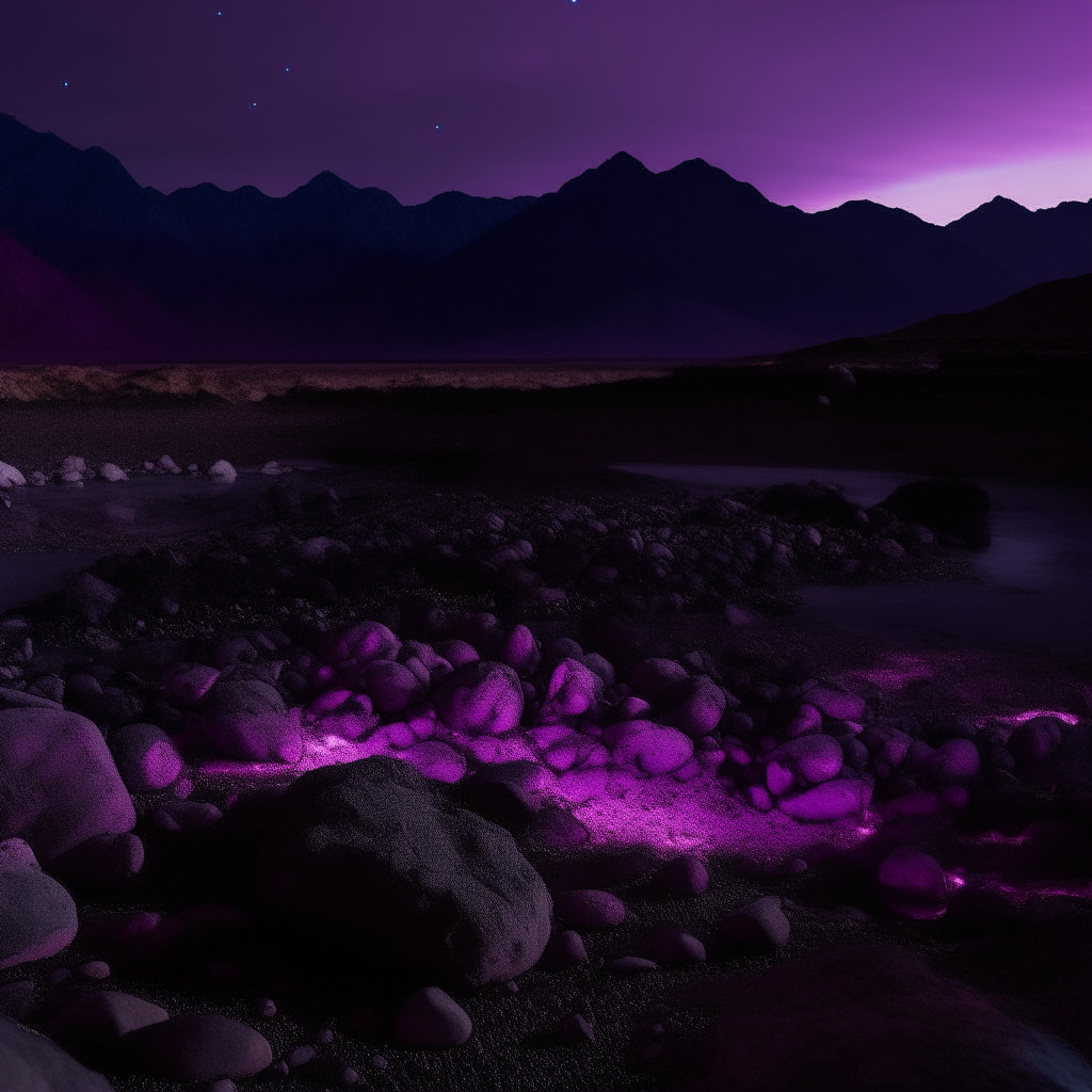 black rocks and mountains with purple lights emitted from them