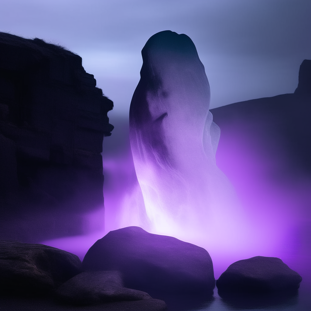 purple light emanating from black rocks, with giant ghost behind it