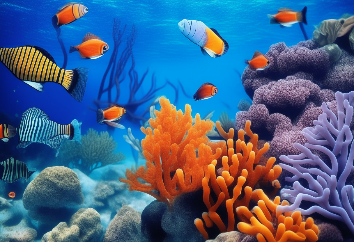 A vibrant underwater ocean scene with schools of tropical fish like clownfish, blue tang, and angelfish swimming near colorful coral reefs